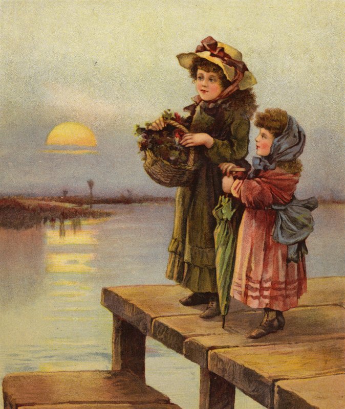 Venter på færgen (farve litho) af English School