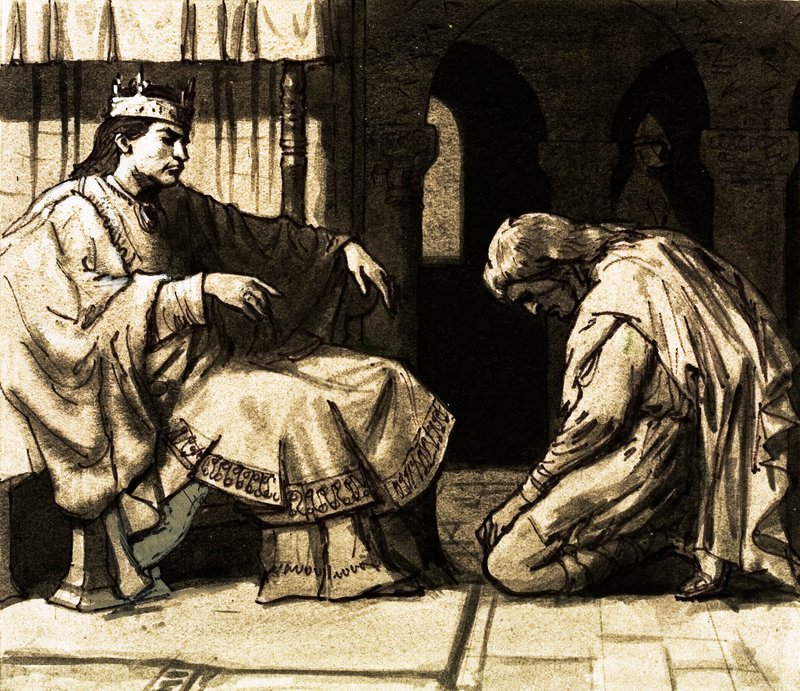 Waltheof tog til Normandiet for at søge benådning fra kong William (gouache på papir) af English School