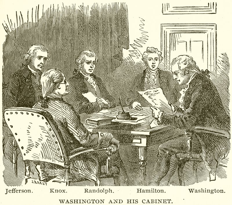 Washington og hans kabinet. Jefferson. Knox. Randolph. Hamilton. Washington af English School