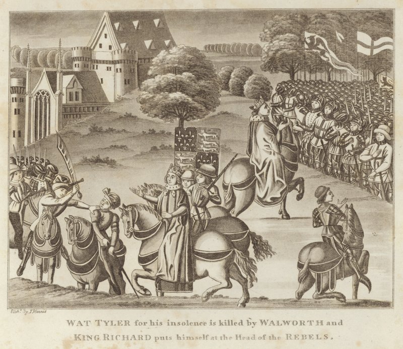 Wat Tyler for sin uforskammethed bliver dræbt af Walworth, og kong Richard sætter sig selv i spidsen for oprørerne af English School