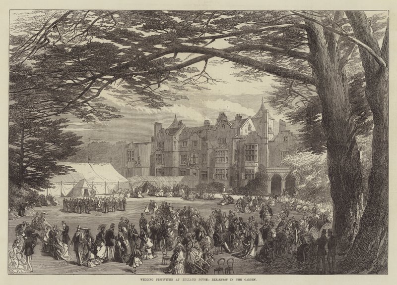Bryllupsfester i Holland House, morgenmad i haven (gravering) af English School