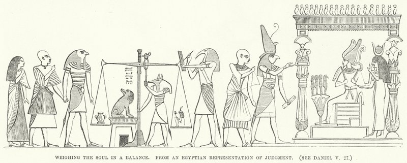 Vejning af sjælen i en vægt, fra en egyptisk fremstilling af dom (gravering) af English School