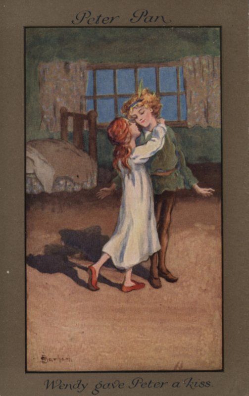 Wendy giver Peter Pan et kys (farve litho) af English School