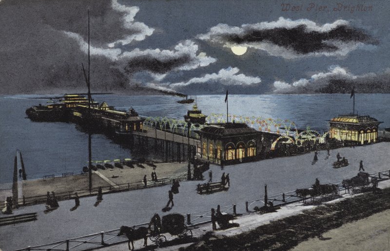 West Pier, Brighton, Sussex (farvelitografi) af English School