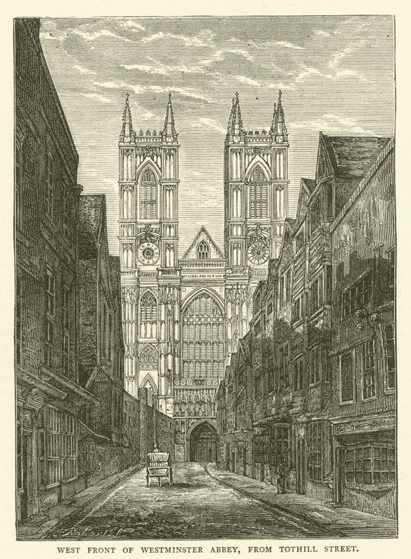Vestfronten af Westminster Abbey, fra Tothill Street (gravering) af English School