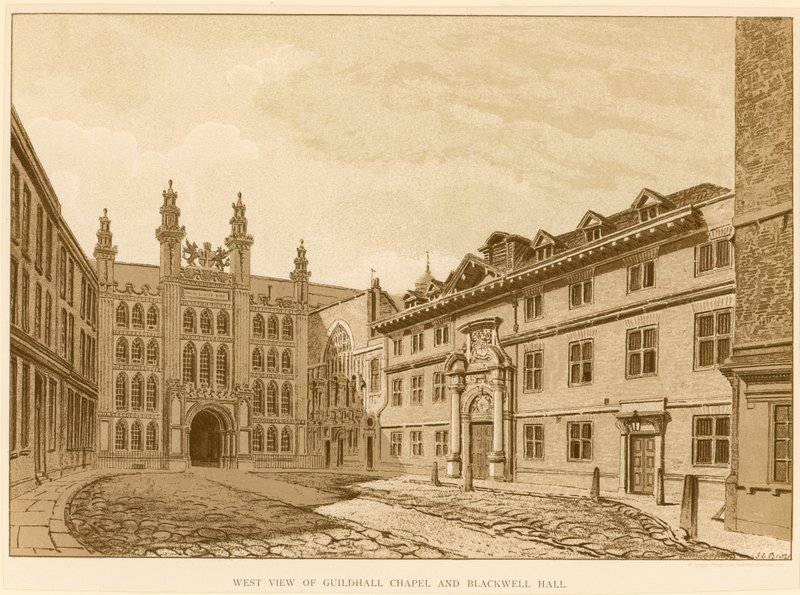 Vestudsigt over Guildhall Chapel, London og Blackwell Hall af English School