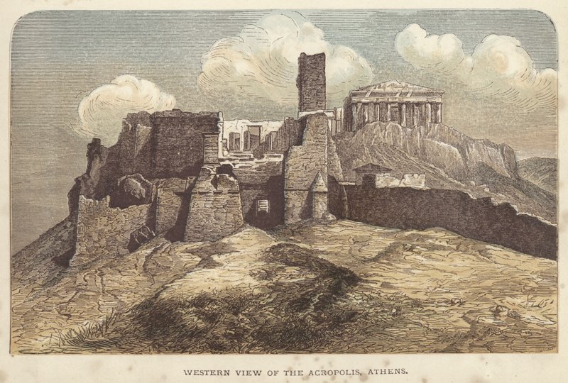 Vestlig udsigt over Akropolis, Athen (farvet gravering) af English School