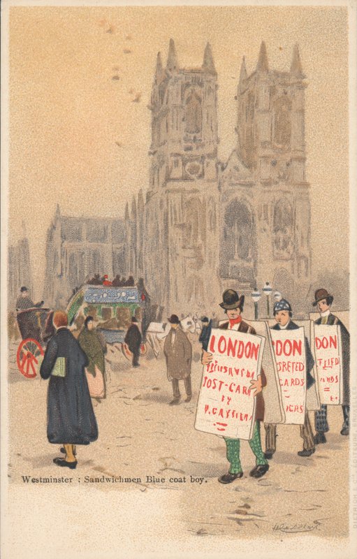 Westminster Abbey, London, sandwichmand, blå frakkedreng af English School