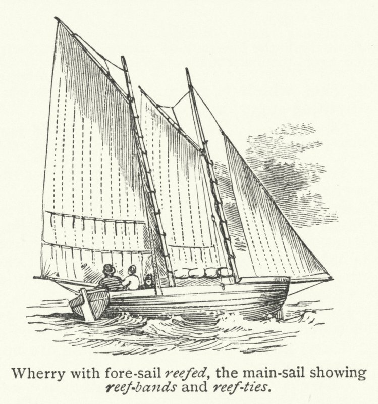 Wherry med forsejlet rebet, storsejlet med rebbånd og rebbånd (gravering) af English School
