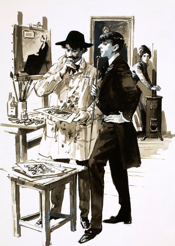 Whistler og Aubrey Beardsley (gouache på papir) af English School
