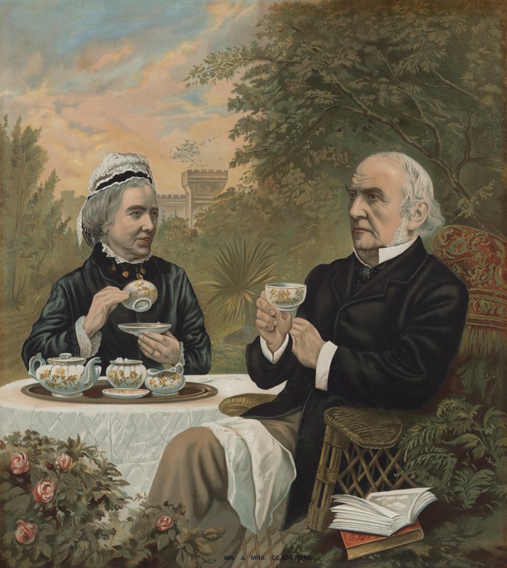 William Ewart Gladstone, britisk liberal politiker og premierminister, der tager te med sin kone Harriet, 1891 af English School