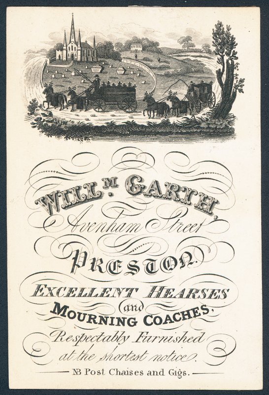 William Garth, leverandør af fremragende rustvogne og sørgevogne, fagkort af English School