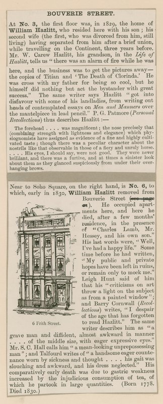 William Hazlitt og 6 Frith Street af English School