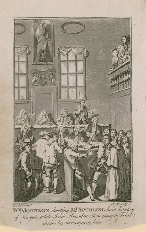 William Johnson skyder hr. Spurling, leder af Newgate, mens Jane Housden (derefter skal i retten) står ved at opmuntre ham af English School