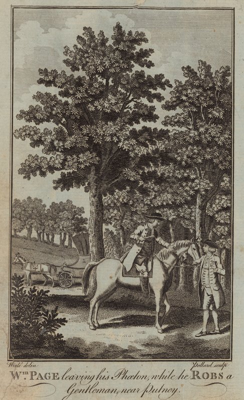 William Page forlader sin Phoeton, mens han røver en gentleman i nærheden af Putney af English School