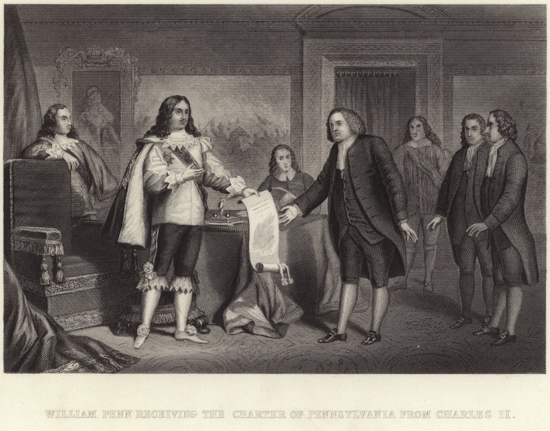 William Penn modtog Pennsylvanias charter fra Charles II af English School