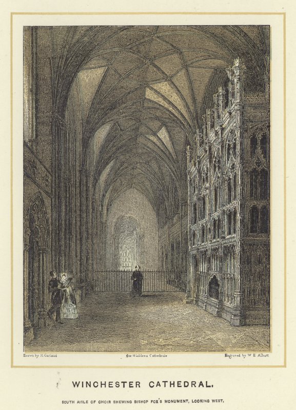 Winchester Cathedral, korets sydgang, der viser Bishop Foxs Monument, der ser mod vest af English School