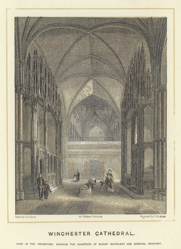 Winchester Cathedral, udsigt i præsbyteriet, der viser biskop Waynfleets og kardinal Beauforts chantries af English School