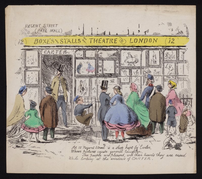 Window of Carters humoristiske trykkeributik, Regent Street London (farvet gravering) af English School
