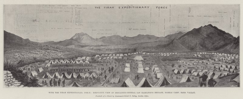 Med Tirah Expeditionary Force, fugleperspektiv af brigadegeneral Ian Hamiltons brigade, Barkai Camp, Bara Valley (litho) af English School