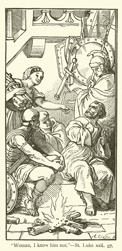 "Kvinde, jeg kender ham ikke", St Luke, xxii, 57 (gravering) af English School