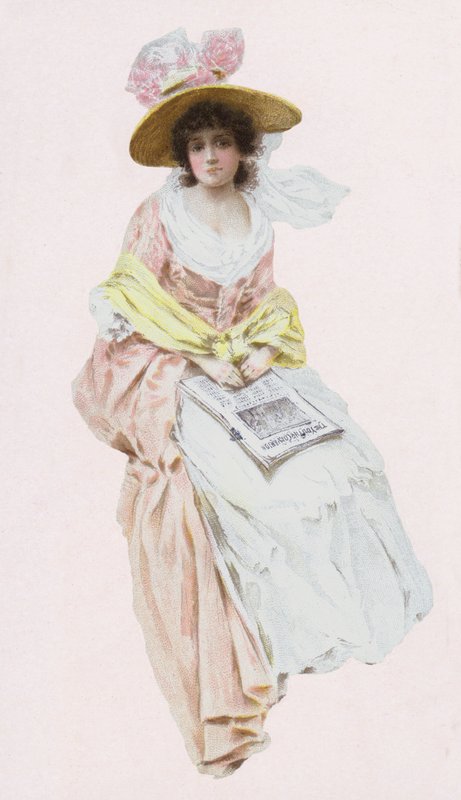 Kvinde i victoriansk eller edvardiansk kjole læser en avis (chromolitho) af English School
