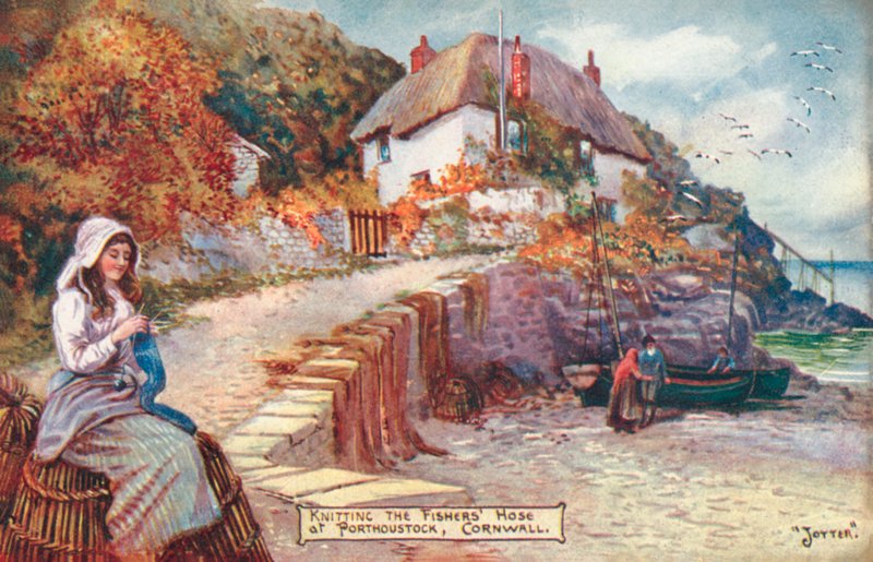 Kvinde, der strikker fiskeslange, Porthoustock, Cornwall (farve litho) af English School