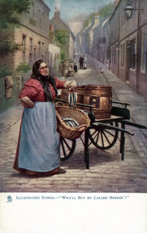 Kvinde, der sælger sild fra en gravbør (farve litho) af English School