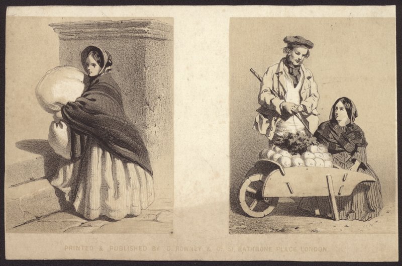 Kvinde gadesælger, der sælger grøntsager fra en gravbør (litho) af English School