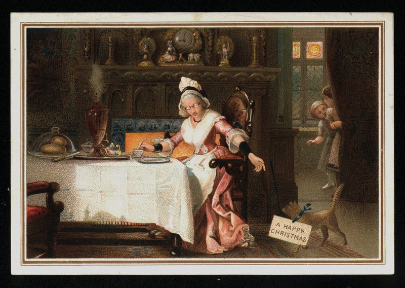 Kvinde tager te med sin kat, julehilsenskort. (chromolitho) af English School