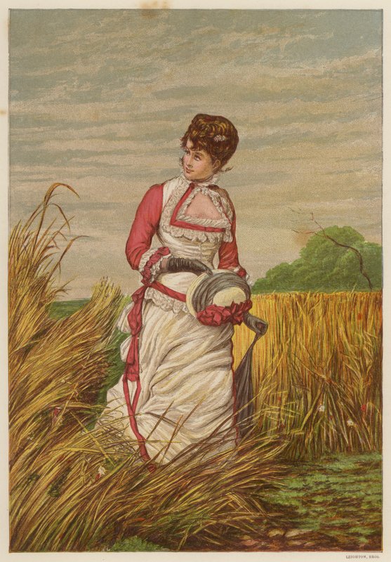 Kvinde, der trænger ind på en kornmark (farve litho) af English School