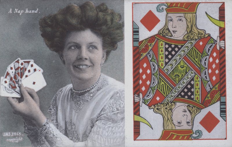 Kvinde med spillekort og Jack of Diamonds (farve litho) af English School