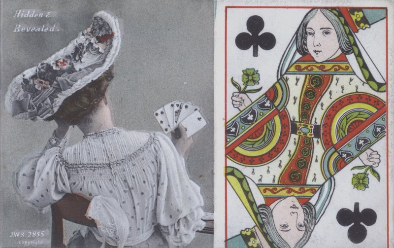Kvinde med spillekort og dronningen af køller (farve litho) af English School