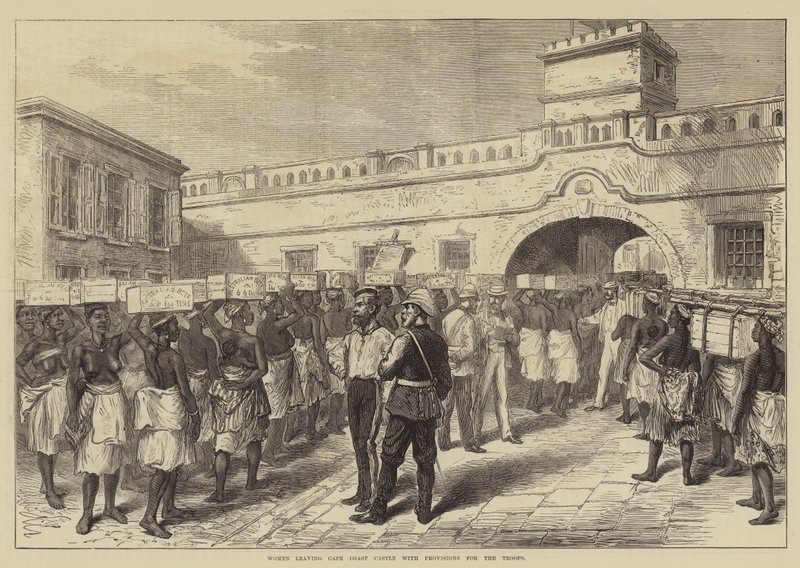 Kvinder forlader Cape Coast Castle med proviant til tropperne (gravering) af English School