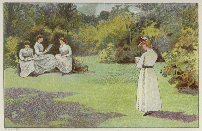 Kvinder slapper af i et stille hjørne af Bournville, Birmingham (chromolitho) af English School