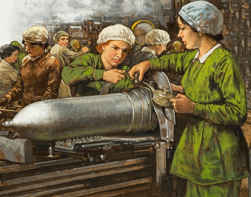Kvinder, der arbejder på en ammunitionsfabrik under 1. Verdenskrig af English School