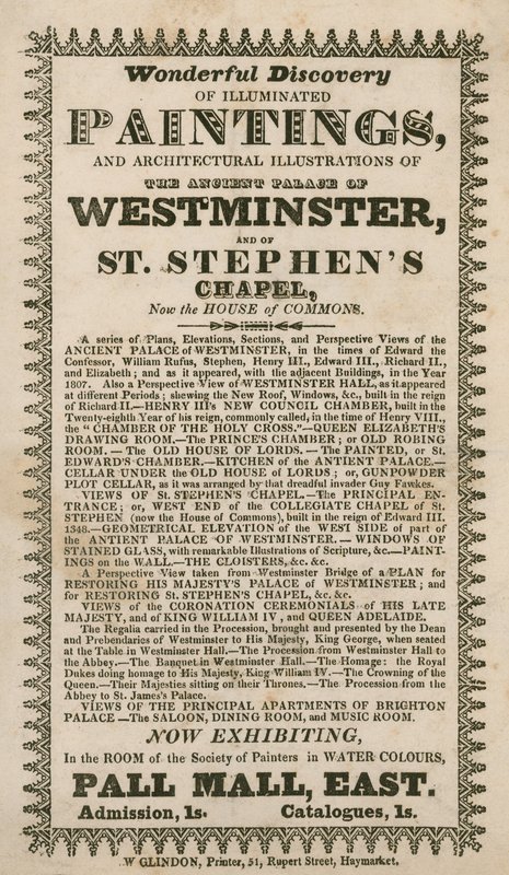 Vidunderlig opdagelse af oplyste malerier og arkitektoniske illustrationer af det antikke Palace of Westminster og St Stephens Chapel, nu Underhuset af English School