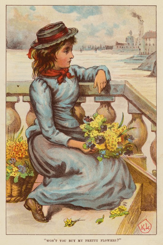 "Vil du ikke købe mine smukke blomster?" (farve litho) af English School