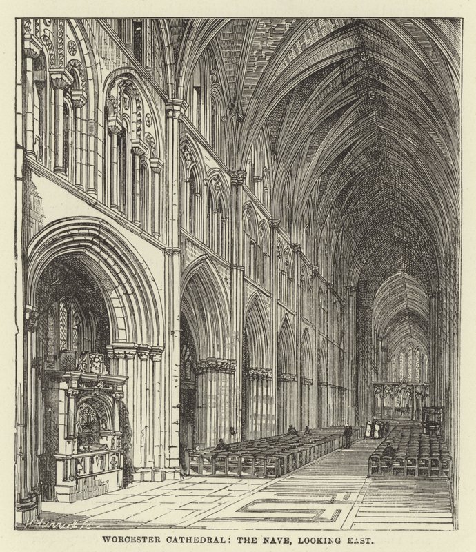 Worcester Cathedral, skibet, med udsigt mod øst af English School