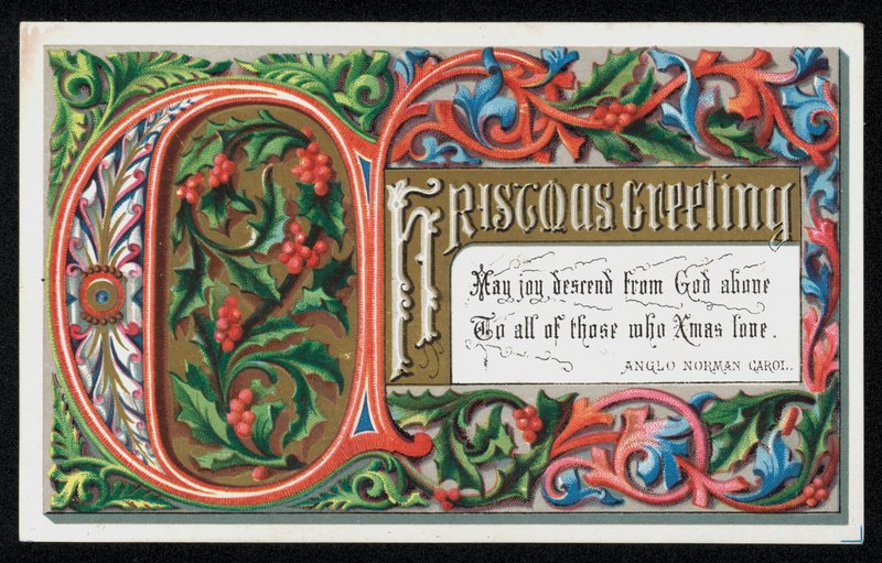 Ord fra en anglo-normannisk julesang, julehilsenskort. (chromolitho) af English School