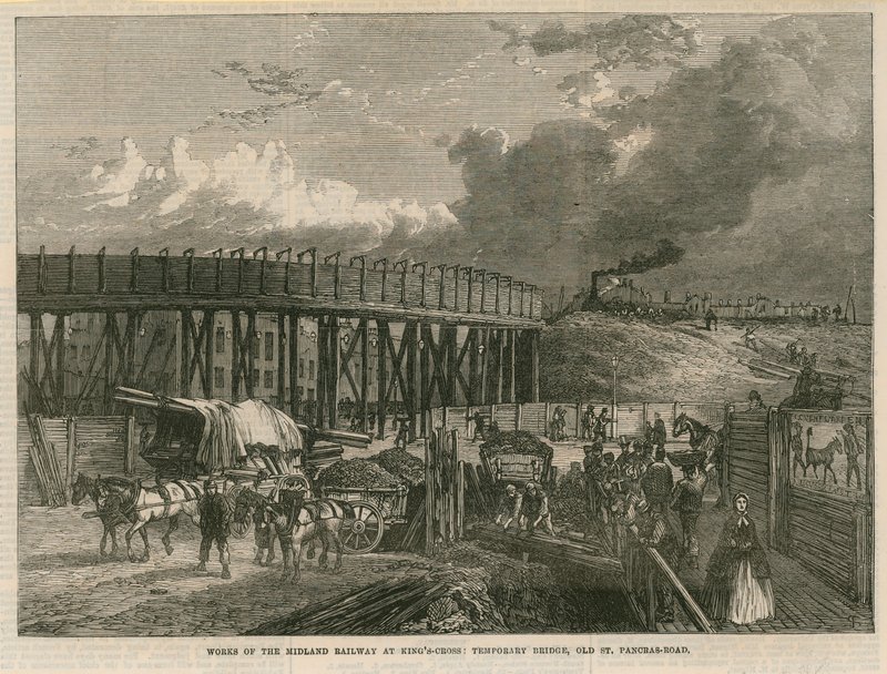 Arbejder på Midland Railway ved Kings Cross, London; midlertidig bro, Old St Pancras Road af English School