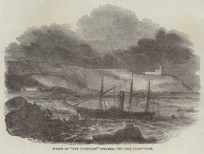 Vraget af "The Vanguard" Steamer, ud for Cork Lighthouse (gravering) af English School