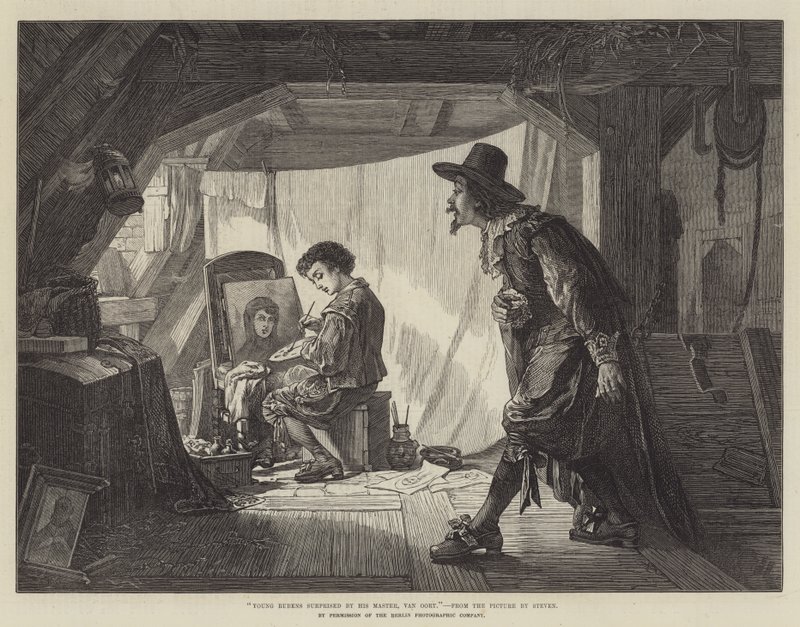 Unge Rubens overrasket af sin mester, Van Oort (gravering) af English School