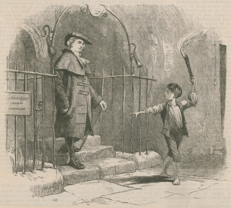 Ung dreng fører en gentleman ved fakkellys af English School