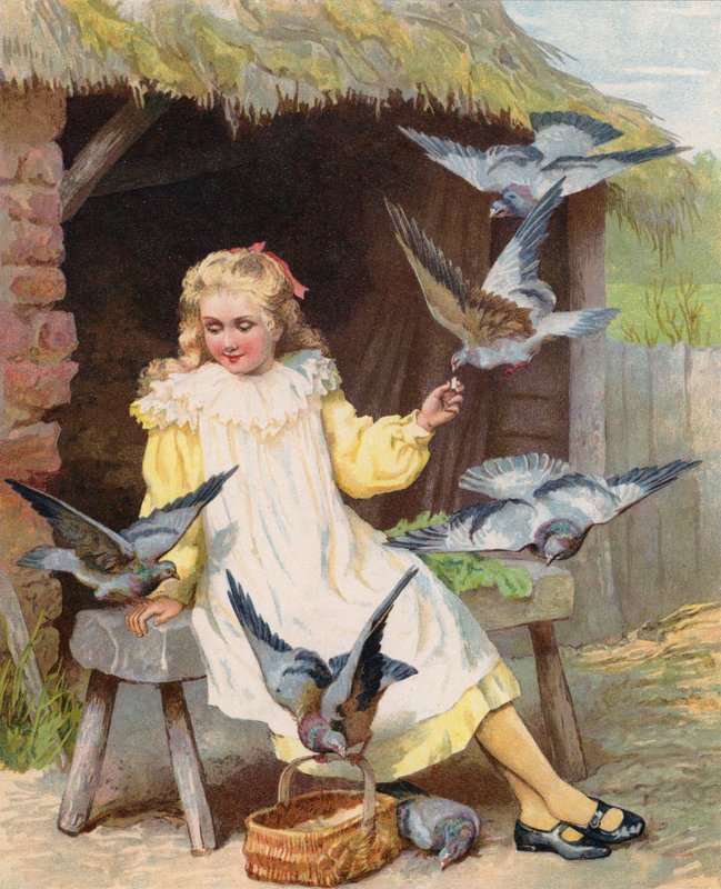 Unge piger fodrer duer på en gård (chromolitho) af English School