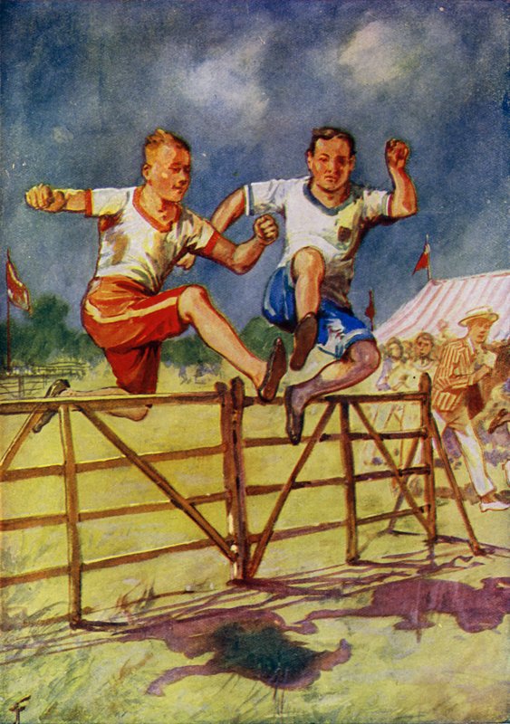 Unge mænd konkurrerer i en steeplechase (farve litho) af English School
