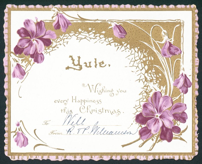Yule, violette blomster, julekort af English School