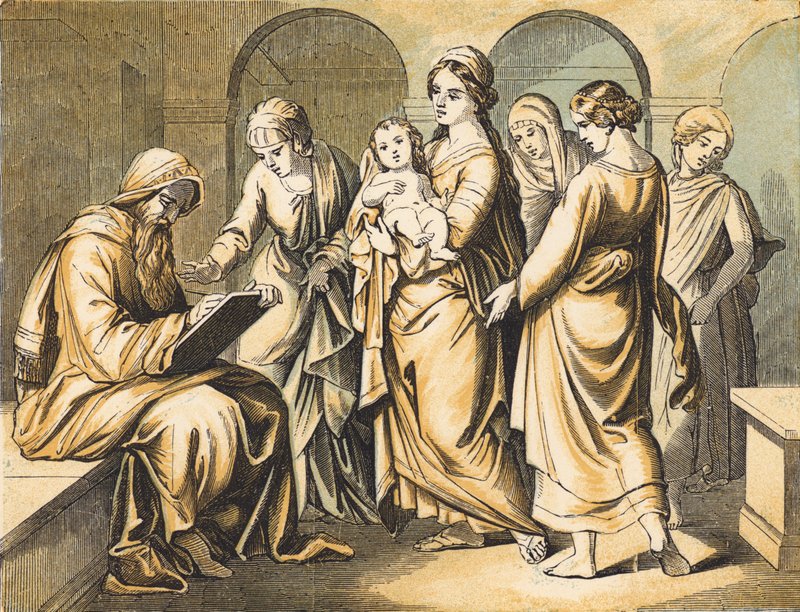 Zacharias navngiver Johannes Døberen (farvet indgravering) af English School
