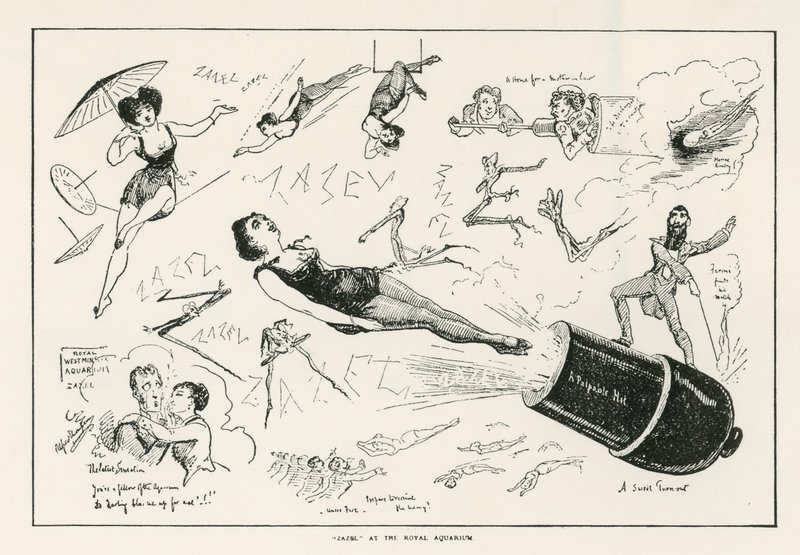 Zazel the Human Cannonball ved Royal Aquarium af English School