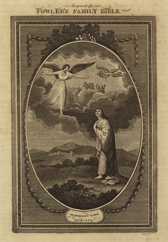 Zakarias syn, Zakarias, kapitel 1, vers 18 (gravering) af English School